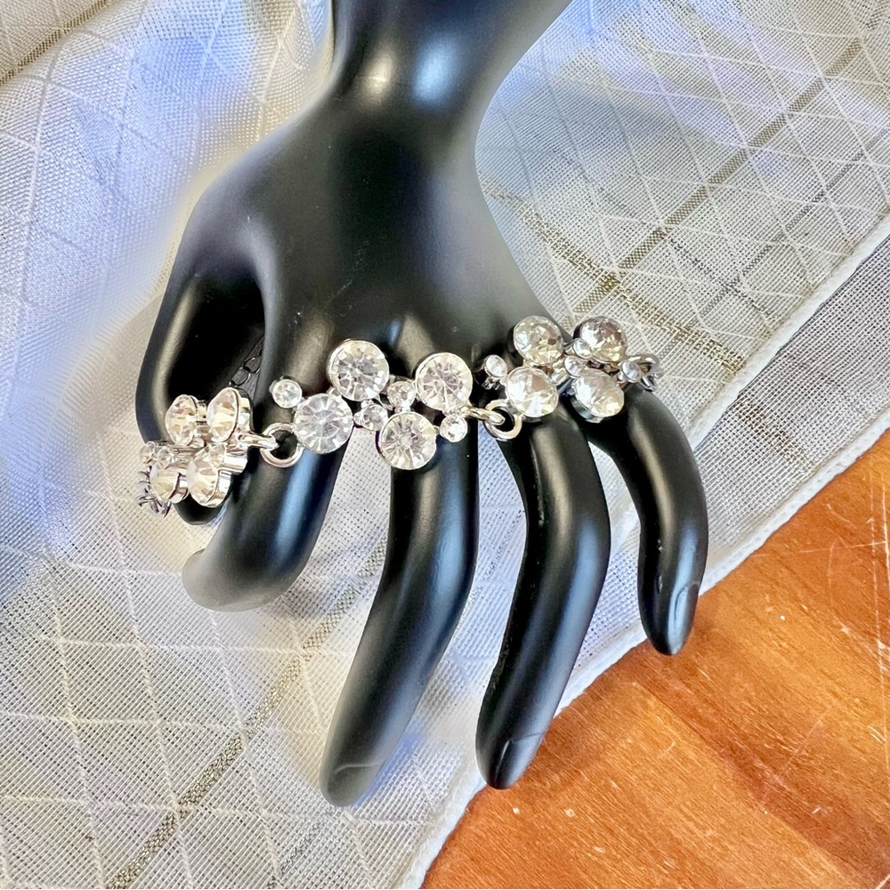 Silver Tone Chunky Rhinestone Bracelet, Metal Statement Costume Jewelry
